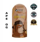 APE OG cannabis vape cartridge filled with rich amber THC sauce, set against bold branded packaging