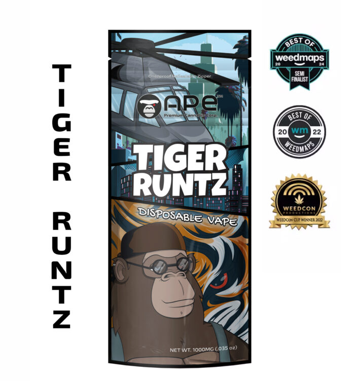 Disposable vape featuring the exotic and vibrant Tiger Runtz strain, known for its sweet, fruity flavors with hints of tropical citrus and candy-like undertones. A smooth, flavorful experience in a convenient, easy-to-use device.