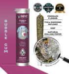 Sweet and smooth Bubble Gum indica-dominant mini joint, infused with concentrate and coated in golden kief for a relaxing, flavorful smoke.