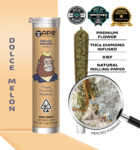 Dolce Melon Hybrid mini joint infused with concentrate and coated in kief, 0.5g premium pre-roll.