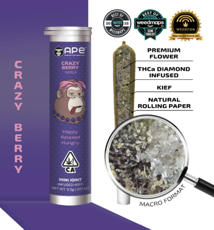 crazy berry indica infused mini joint with kief 0.5g premium cannabis pre-roll