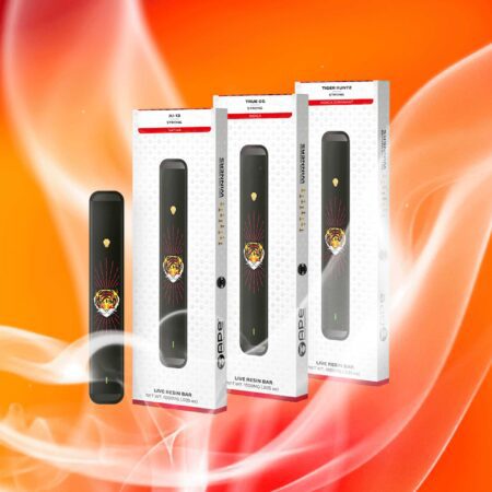 Against an orange background, three packs of APE Bar Vape Flavors float in smoke, such as XJ-13, True OG, and Tiger Runtz.