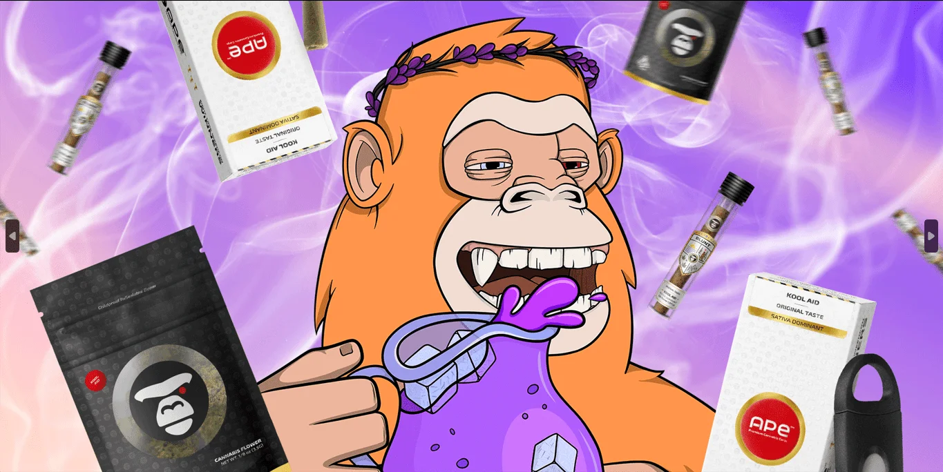 Smiling APE monkey with a wreath on his head and a purple drink in a jug surrounded by Kool Aid Strain products