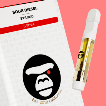 On a light pink background Sour Diesel Sativa Cartridge and its packaging