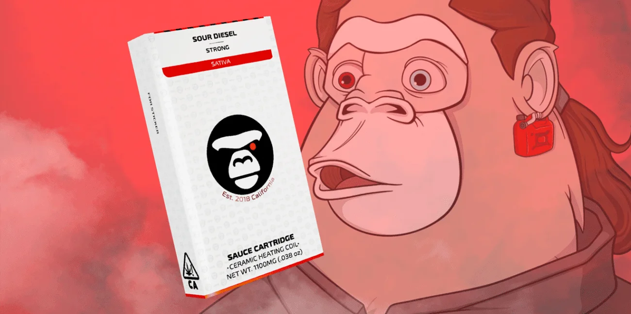 On a light pink background, an APE representing the Sour Diesel Sativa Cartridge strain and packaging from it is depicted.