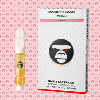 Acai Berry GELATO strain cartridge and packaging on light pink background with APE's brand head