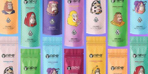 Multi-colored packages of the product APE infused mini joints on a bright background