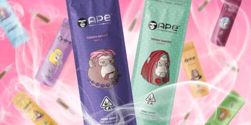 Colorful packages of mini APE joints float in smoke against the background of other packages