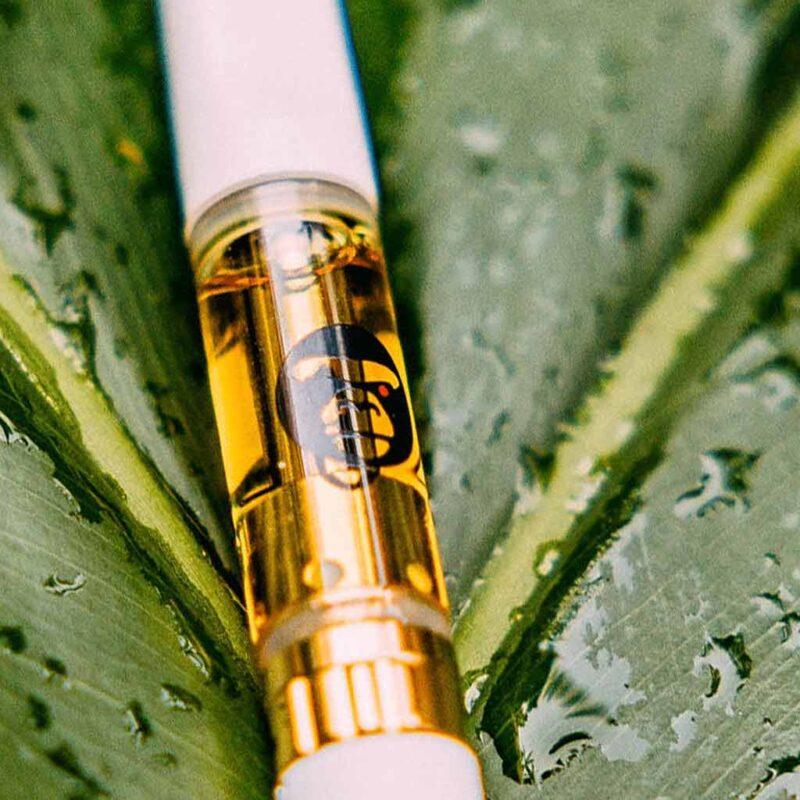 APE thc cartridge with monkey head icon on green foliage background