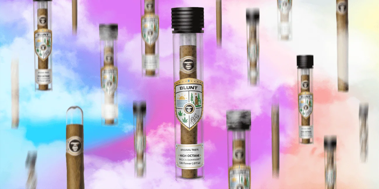 A lot of blurred cannabis blunt on a pink background with smoke and a cannabis blunt APE in the middle