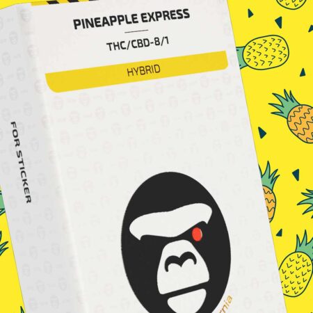 On a yellow background, the packaging of the Pineapple Express Hybrid cartridge against the background of small pineapples