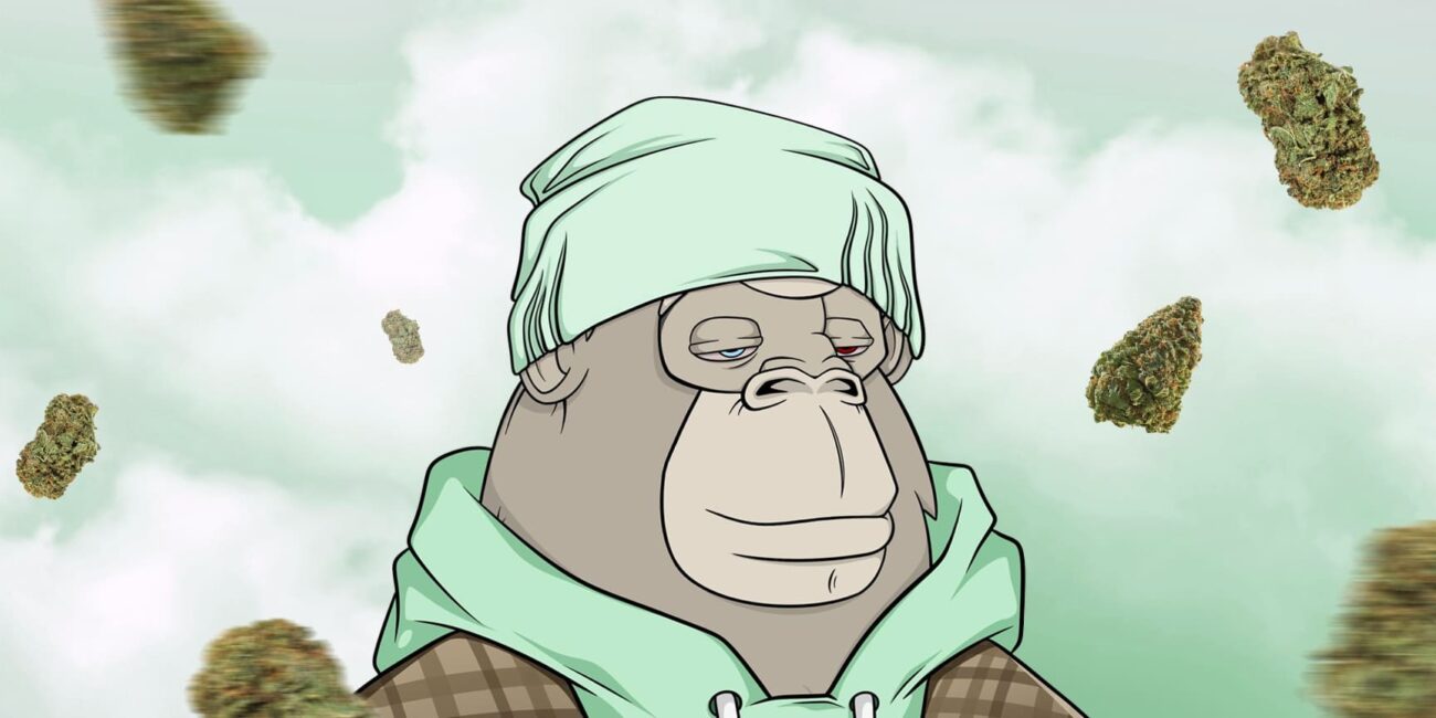 APE stands in a green hat and a green hoodie and thinks about animal mints strain