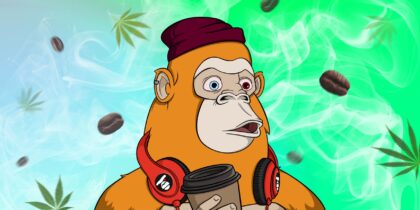 Ape is wearing a hat and headphones, holding coffee and looking surprised Dynamic duo of weed and caffeine