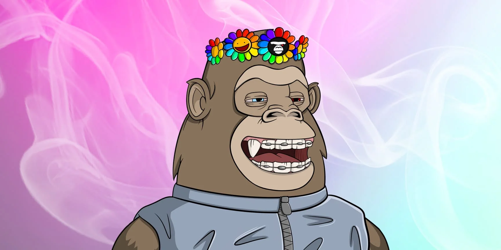 APE sits in gray jacket and rainbow wreath and thinks about health benefits of cannabis