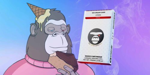 APE eating a cake next to an Ice Cream Cake Strain cartridge pack
