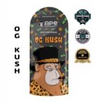 OG Kush cannabis vape cartridge filled with golden THC live resin sauce, set beside bold classic packaging