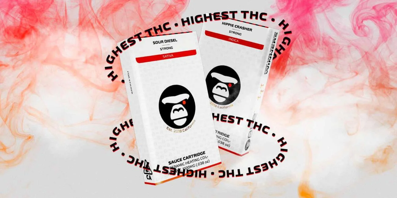 Two packs of Strains with highest thc APE cartridges float in pink smoke