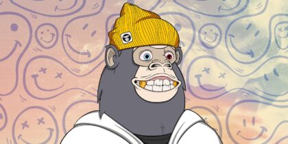 APE is got a yellow hat and a white shirt lauging