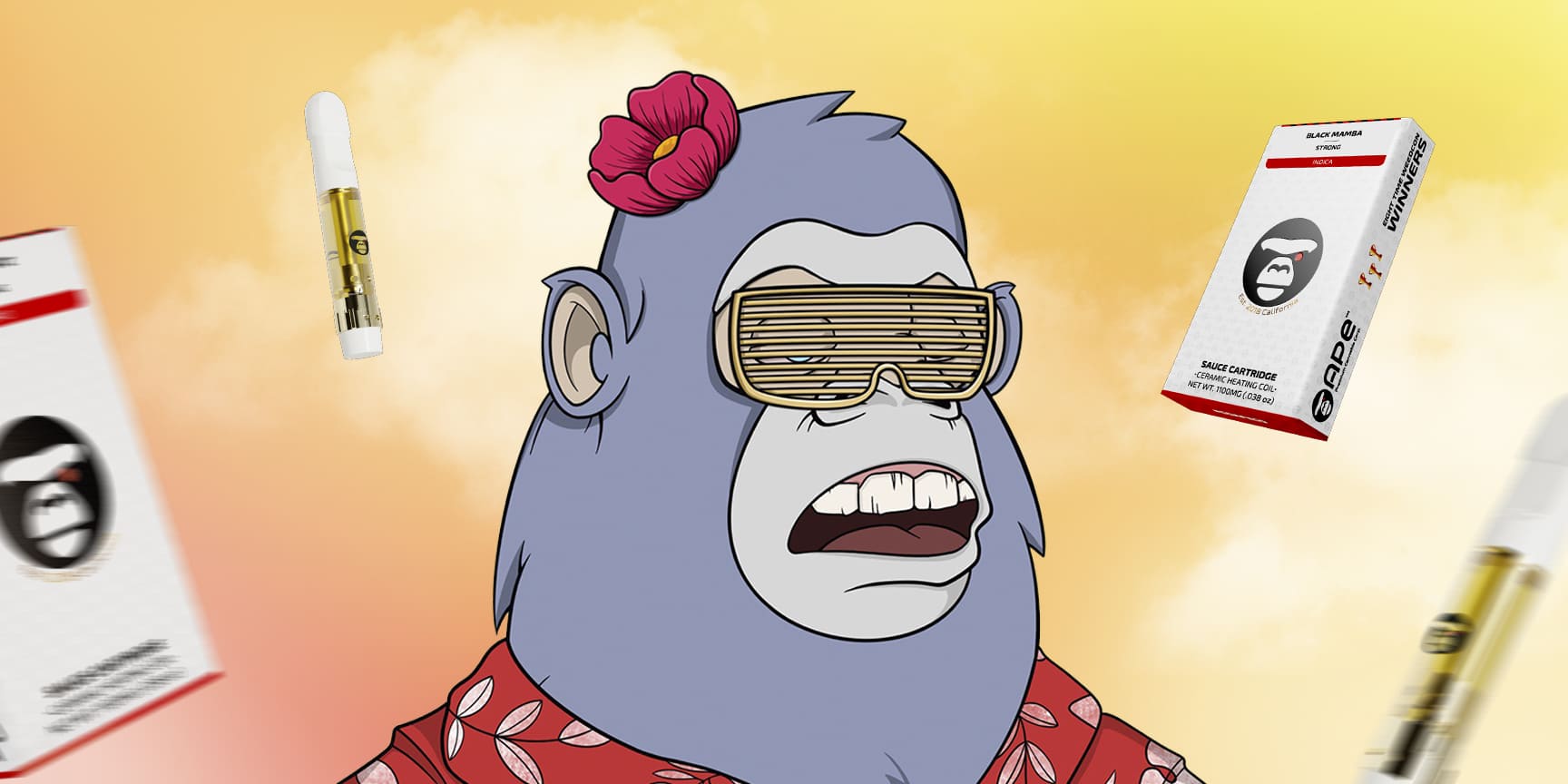 APE is got yellow glasses and a red flower on his head thinking about exotic weed strain