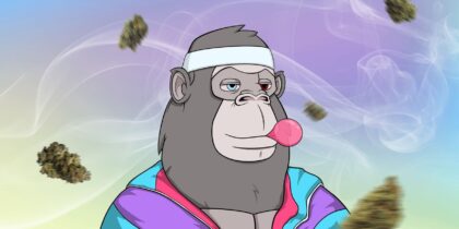 Ape's wearing a tracksuit and chewing gum