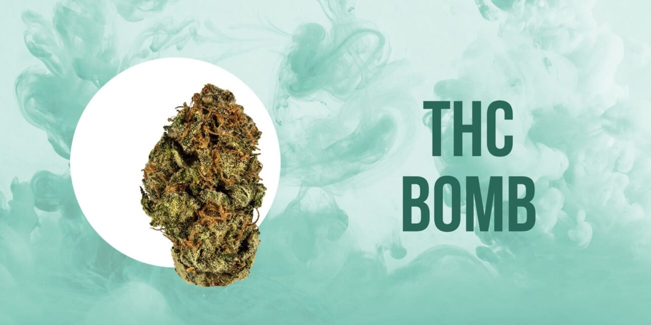 cannabis bud and lettering "THC Bomb"