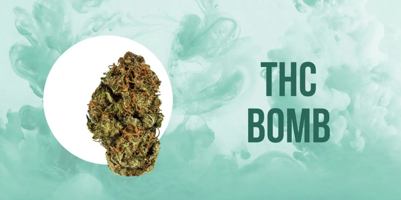 cannabis bud and lettering "THC Bomb"