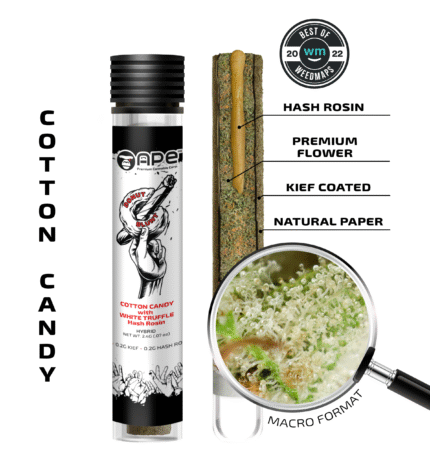 Cotton Candy and White Truffle hash hole pre-roll (2.5g), featuring visible hash core and artisan craftsmanship.