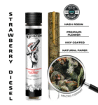 Strawberry Diesel and Blue Dream 2.5g hash hole pre-roll featuring visible hash infusion and premium hand roll.
