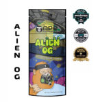 Alien OG disposable vape pen with sleek design and cosmic-themed packaging, filled with golden cannabis oil