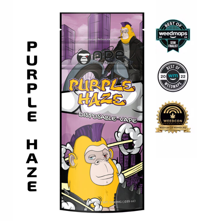 Purple Haze disposable vape pen with rich violet accents and golden cannabis oil, surrounded by berries and haze-like mist
