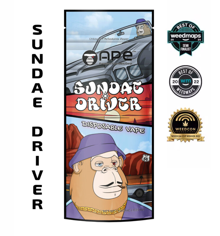 Sundae Driver disposable vape pen with smooth golden distillate, styled alongside scoops of ice cream, chocolate drizzle, and vanilla bean