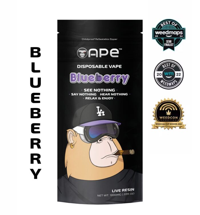 Blueberry strain disposable vape pen filled with golden live resin extract, surrounded by fresh blueberries