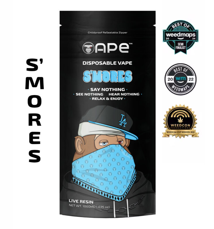 S’Mores strain disposable vape pen with rich amber live resin oil, styled with melted chocolate, graham crackers, and toasted marshmallows