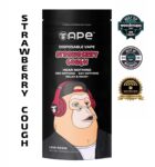 Strawberry Cough disposable vape pen with rich golden live resin, surrounded by fresh strawberries and a light vapor haze