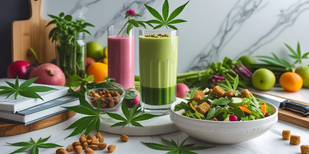 A rustic-style salad featuring raw cannabis leaves, green apple slices, walnuts, and a drizzle of olive oil.