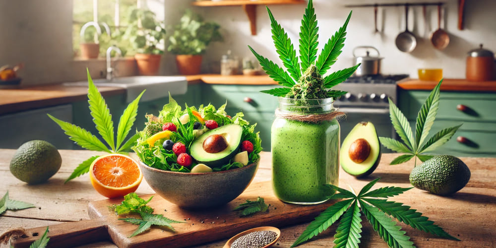 A colorful salad with raw cannabis leaves, orange slices, avocado, and sesame seeds on a white plate.