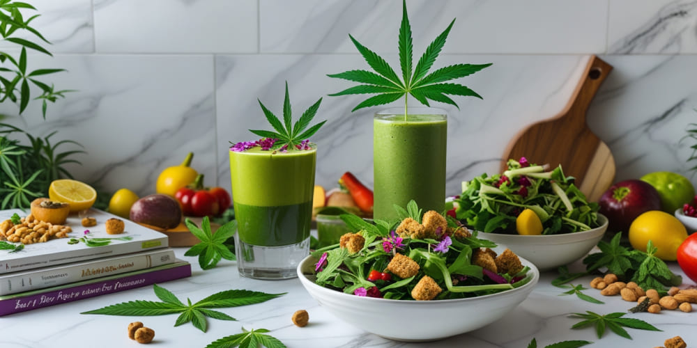 An artistic flat lay of raw cannabis leaves, smoothie ingredients, and a fresh salad on a wooden table.