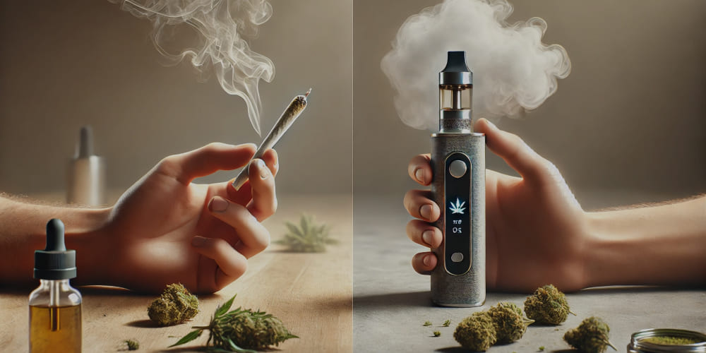 Vaping vs. Smoking. Detailed photo of a lit joint and modern cannabis vaporizer with cannabis buds and grinder on a wooden background.