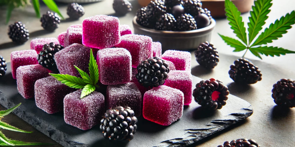 THC blackberry gummies, infused with cannabis, on a clean surface