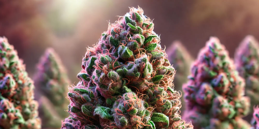 Macro view of trichomes on the surface of a Pink Kush bud, displaying their resinous texture and crystalline shine.