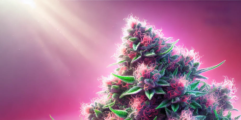 A Pink Kush plant in the late flowering stage with large, vibrant buds under natural light.