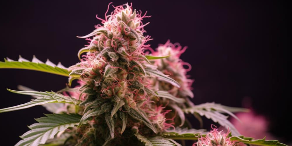 A Pink Kush bud placed next to smoking accessories against a soft pink and purple glow.