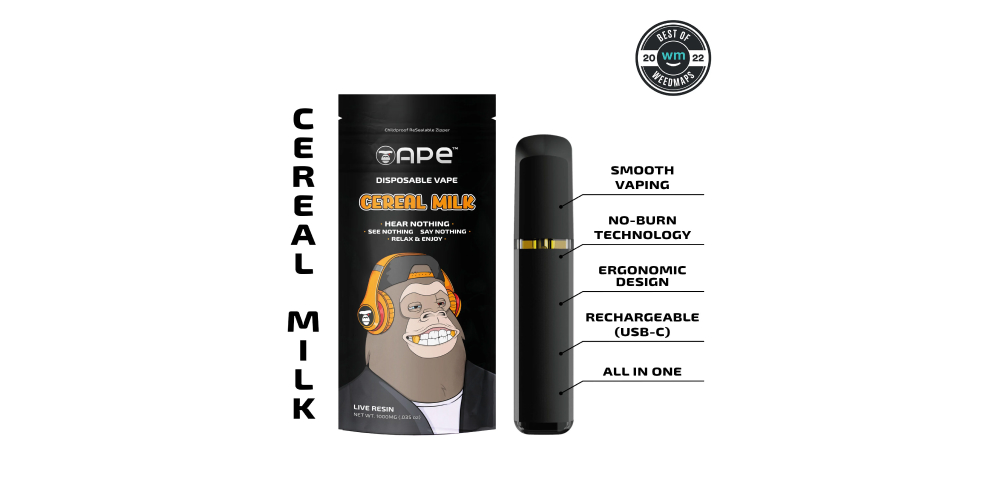 User enjoying APE Cereal Milk vape in a serene environment.