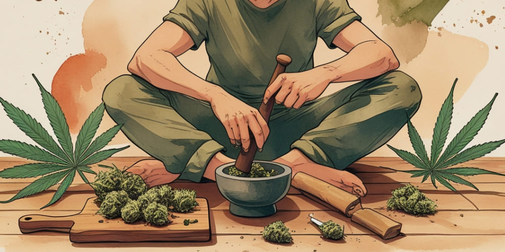 Grinding weed with a mortar and pestle for a consistent texture