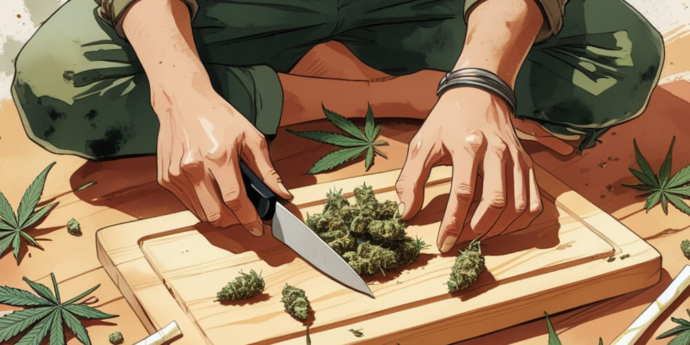 Use a knife and cutting board to chop weed into small pieces