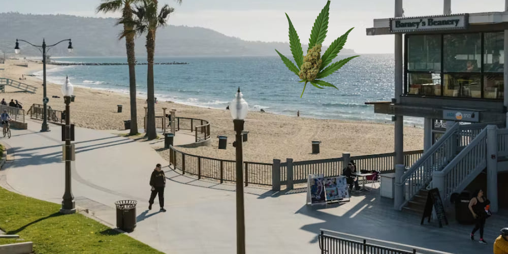 People relaxing on Redondo Beach under umbrellas