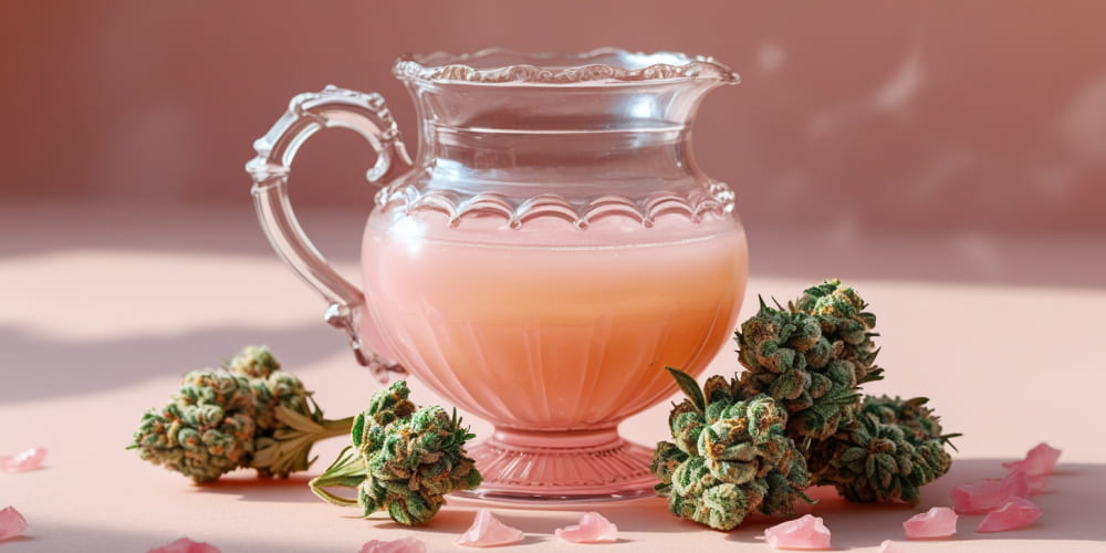 Pink Lemonade Strain Pink Lemonade Strain buds placed next to a glass of homemade lemonade
