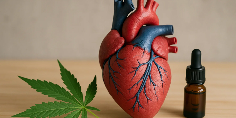 Cannabinoids and the cardiovascular system CBD oil dropper next to a stylized anatomical drawing of the heart