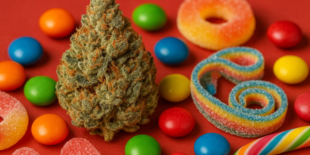 Why does Exotica smell like Candy? Assorted candies with a jar of exotica cannabis buds