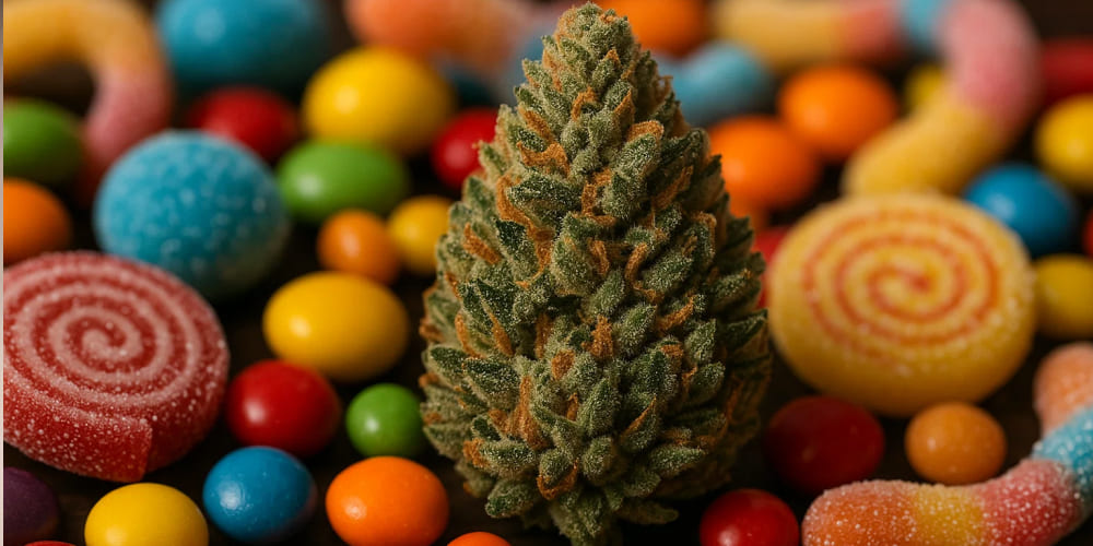 Why does Exotica smell like Candy? Macro shot of a frosty cannabis nug with candy in the background